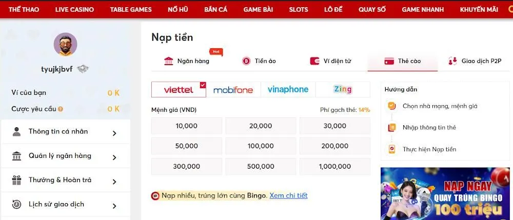 Các điểm cần chú ý khi nạp tiền 6886Win