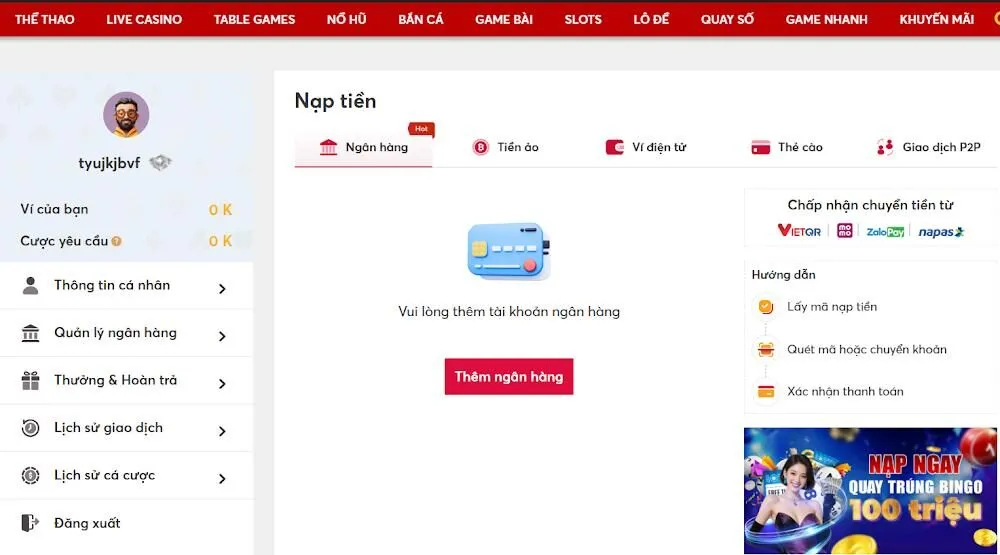 Cách nạp tiền 6886Win qua ngân hàng