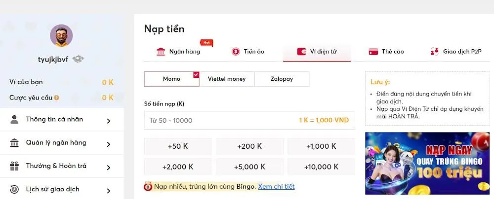 Nhập thông tin thanh toán 6886Win